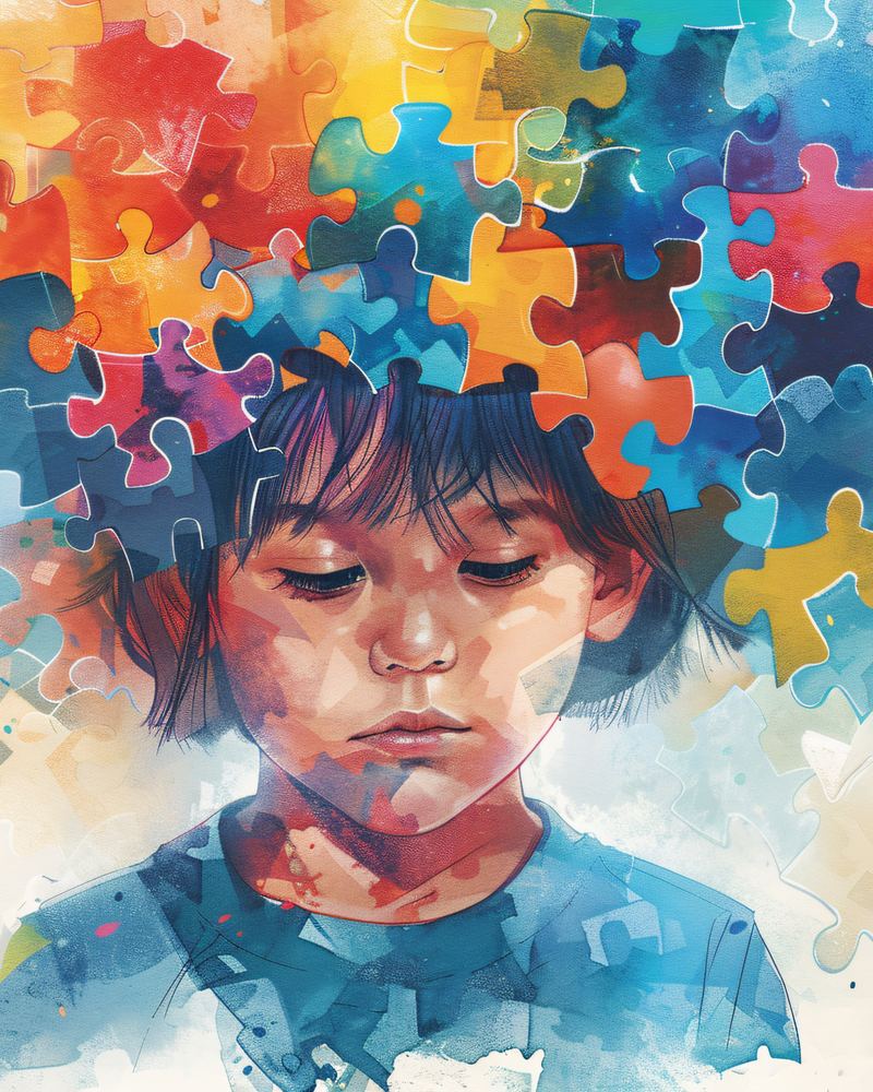 Watercolour illustration of a young child with lowered eyes, surrounded by colourful puzzle pieces.