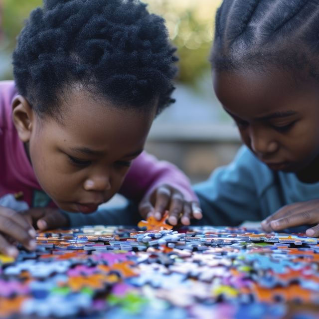Two young children concentrating on a colourful jigsaw puzzle.